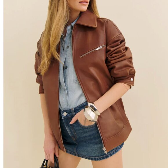Reformation Veda Marco Leather Oversized Bomber - Sienna XS NWT - Picture 1 of 13